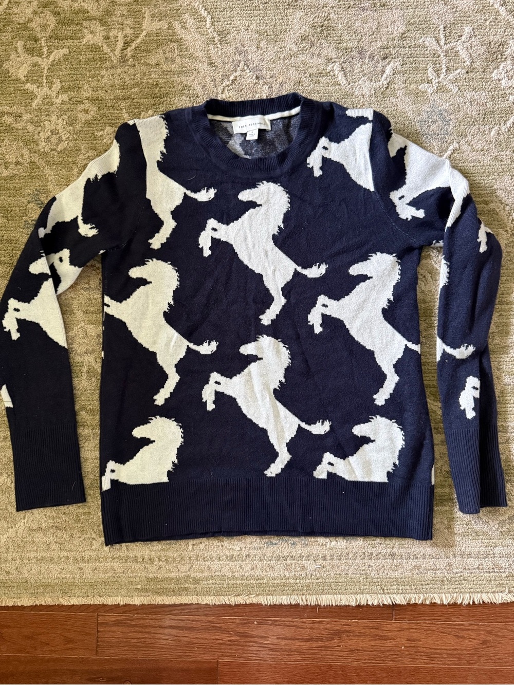 Horse Pattern Crewneck Sweater - Navy and Cream